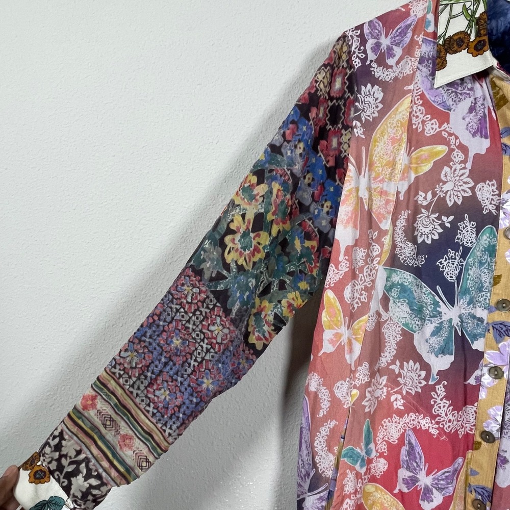 John Mark Butterfly Patchwork Tunic Women M Multicolor Boho Mixed Media Shirt - Picture 3 of 10